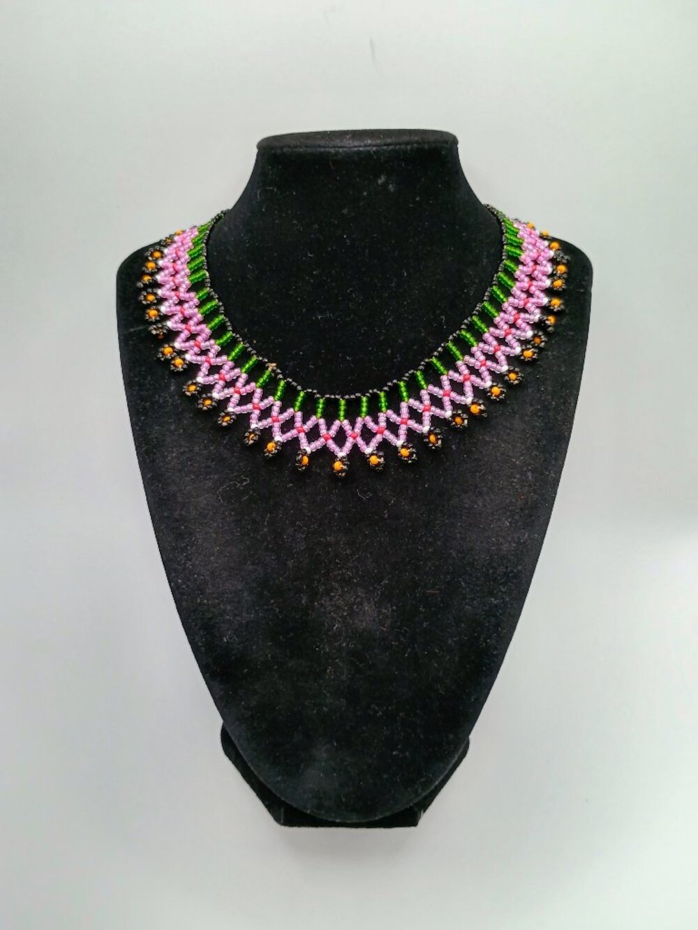 Handmade Beaded Choker Necklace with Multicolored Flowers and Fringe